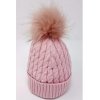 KIDS6216DUSKY: Baby Cable Knit Fur Pom Hat- Dusky Pink (0-6 Months)